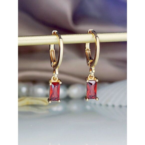 Emerald Cut Ruby Red Glass Earrings Dangle Drop Goldtone Hoop Delicate Feminine - Picture 1 of 7
